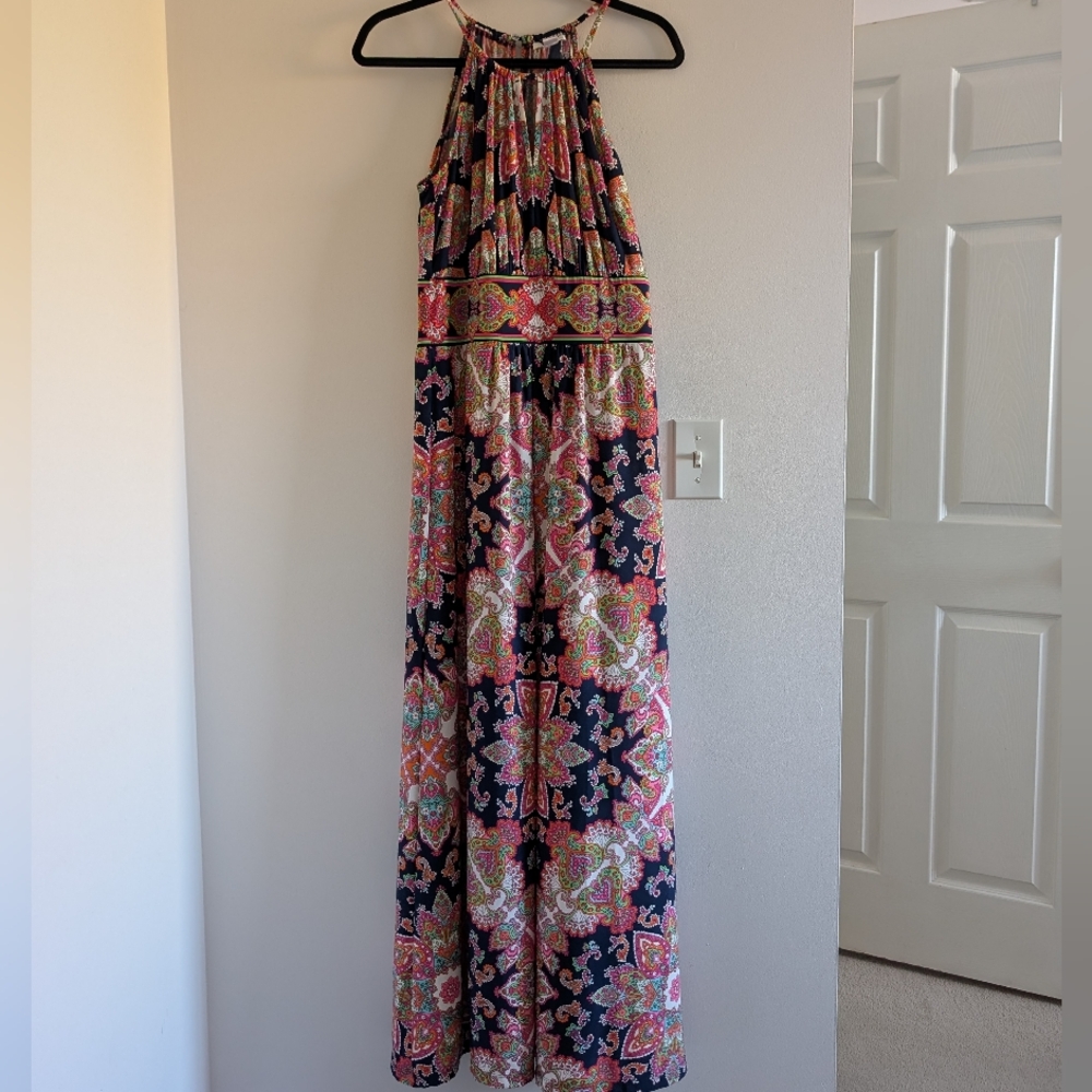 3/$30 London Times Navy and Pink Patterned Maxi Dress